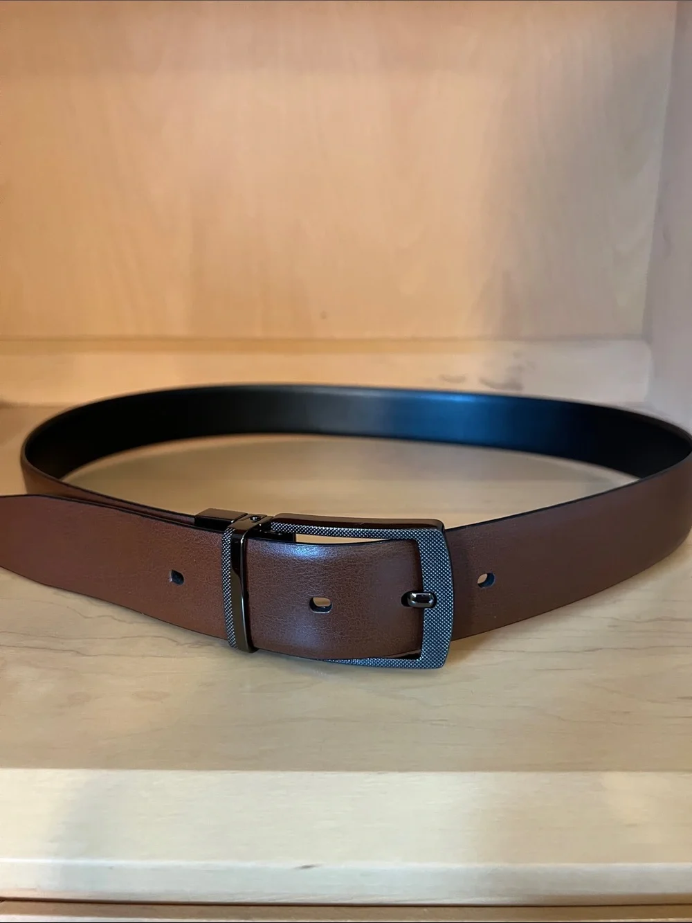 Reversible Black/Brown Leather Dress Belt with Textured Buckle